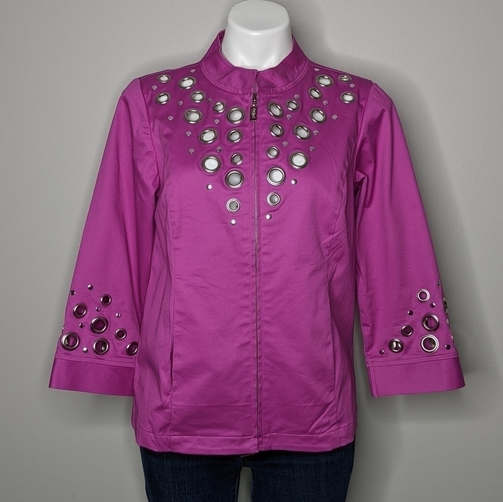 NWOT Bob Mackie Wearable Art pink purple silver grommet jacket XS